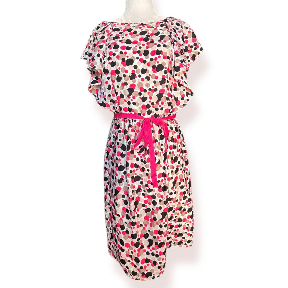 Danny And‎ Nicole Polka Dot Dress Fuchsia Pink Black Beige Flutter Sleeve Size 4